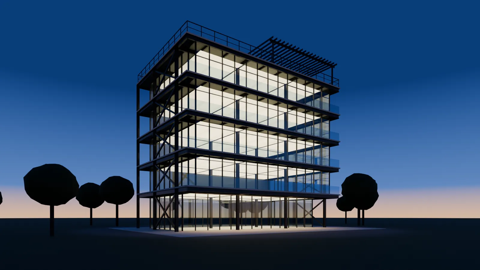Edificio de cinco pisos en acero iluminado a la hora azul