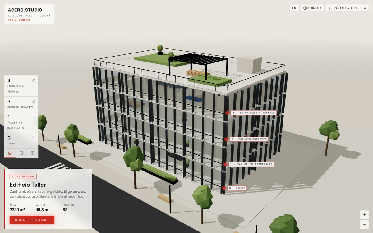 Explorador 3D de un edificio con selector de pisos y rombos rojos