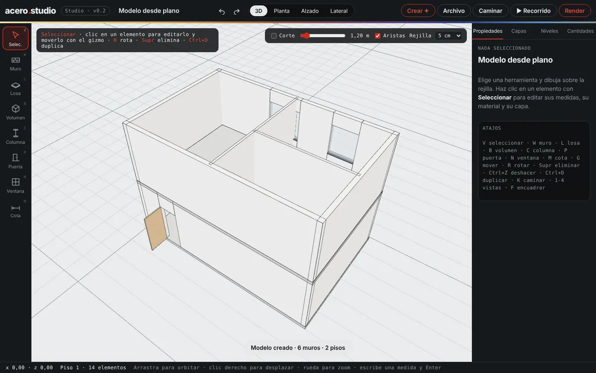 Un plano dibujado convertido en modelo 3D con muros y vanos