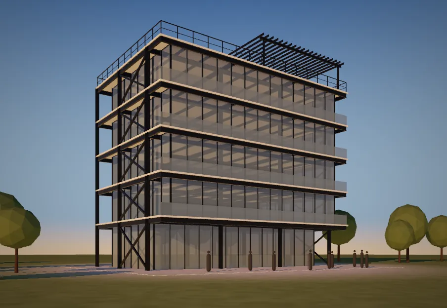 Studio 3D con un edificio en acero renderizado a la hora dorada